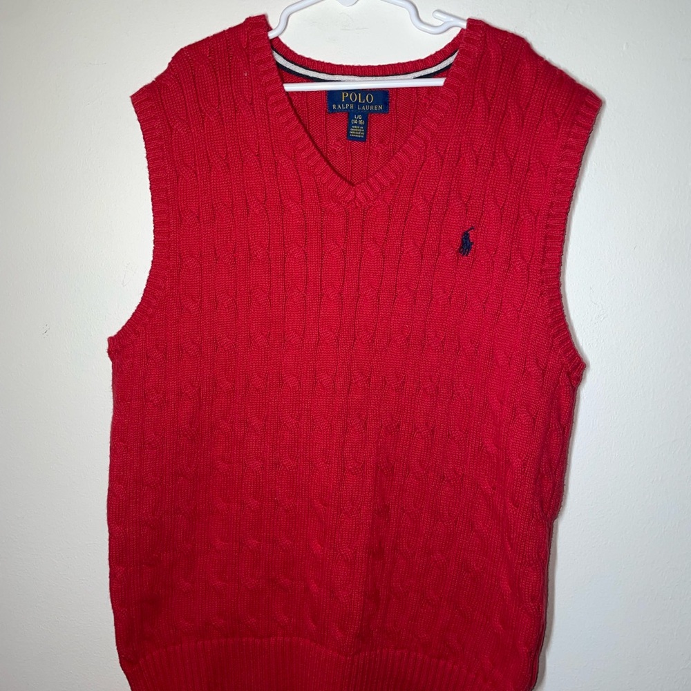 Polo Ralph Lauren Cable Knit Red Sweater Vest Sz Lg Boys 14/16